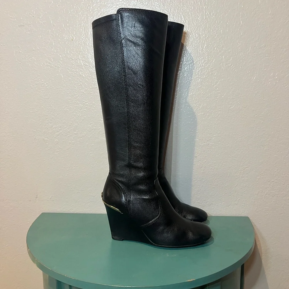 Tory Burch Black Over the Knee Boots with Gold Detail